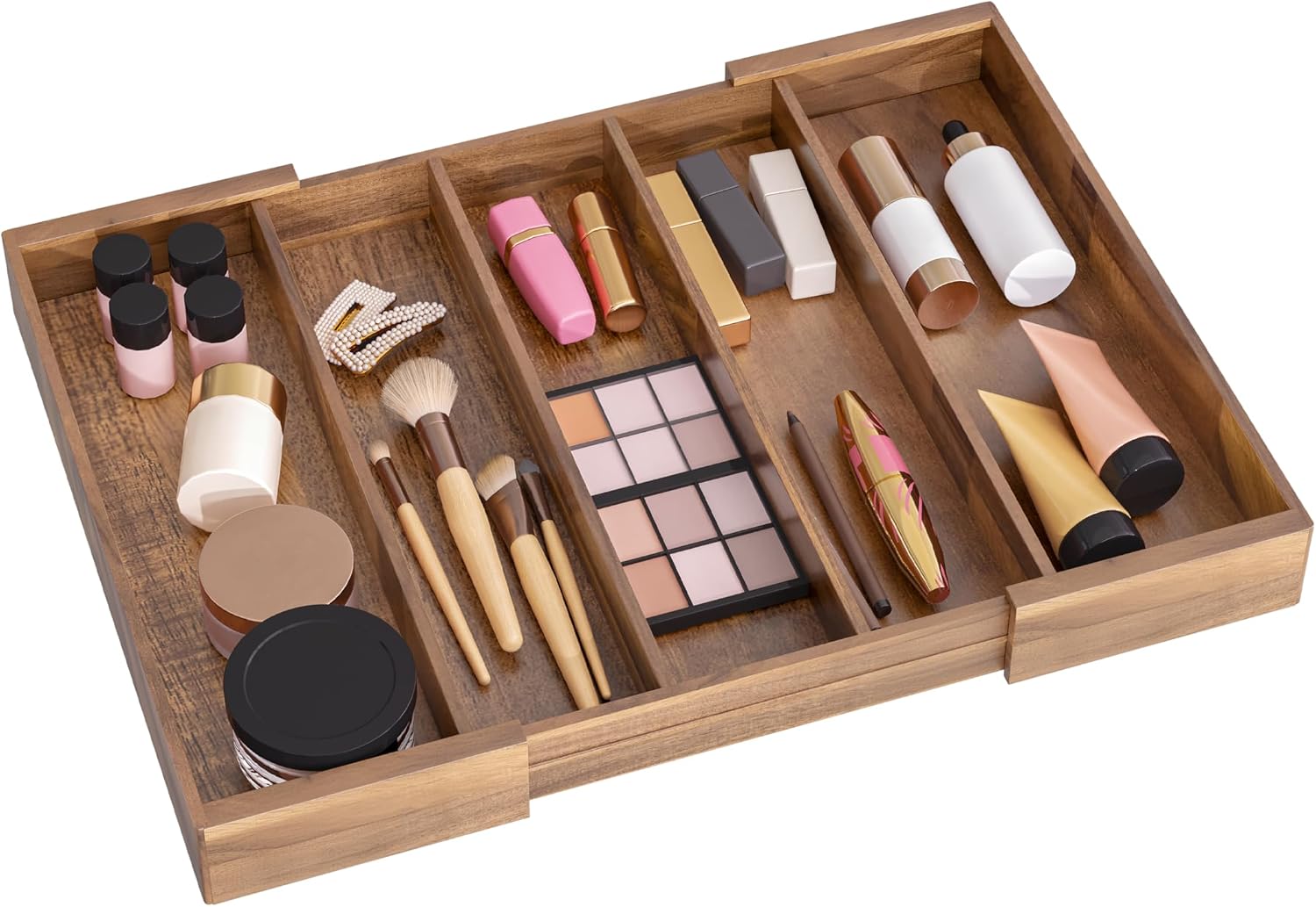 Seville Classics Acacia Wood Premium Organizer Storage Bins for Kitchen Silverware, Pantry, Closet, Office Desk, Pens, Utensils, Makeup, K Cup, Acacia Wood, Expandable Tray (5 Compartment)