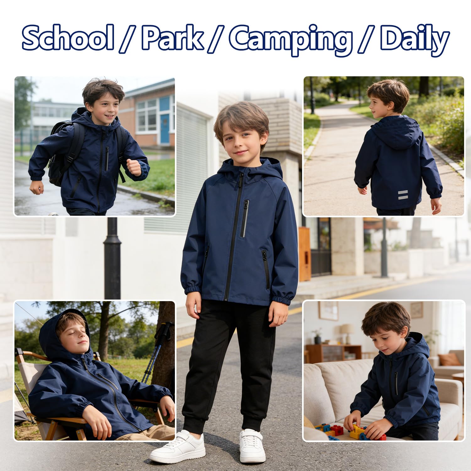 JinBei Blouson Fille Garçon Veste à Capuche Coupe-vent Léger Doux Imperméable Manteau avec Bandes Réfléchissantes et Poches Zippées Printemps Automne Enfant Voyage Scolaire Sport 5-13 Ans