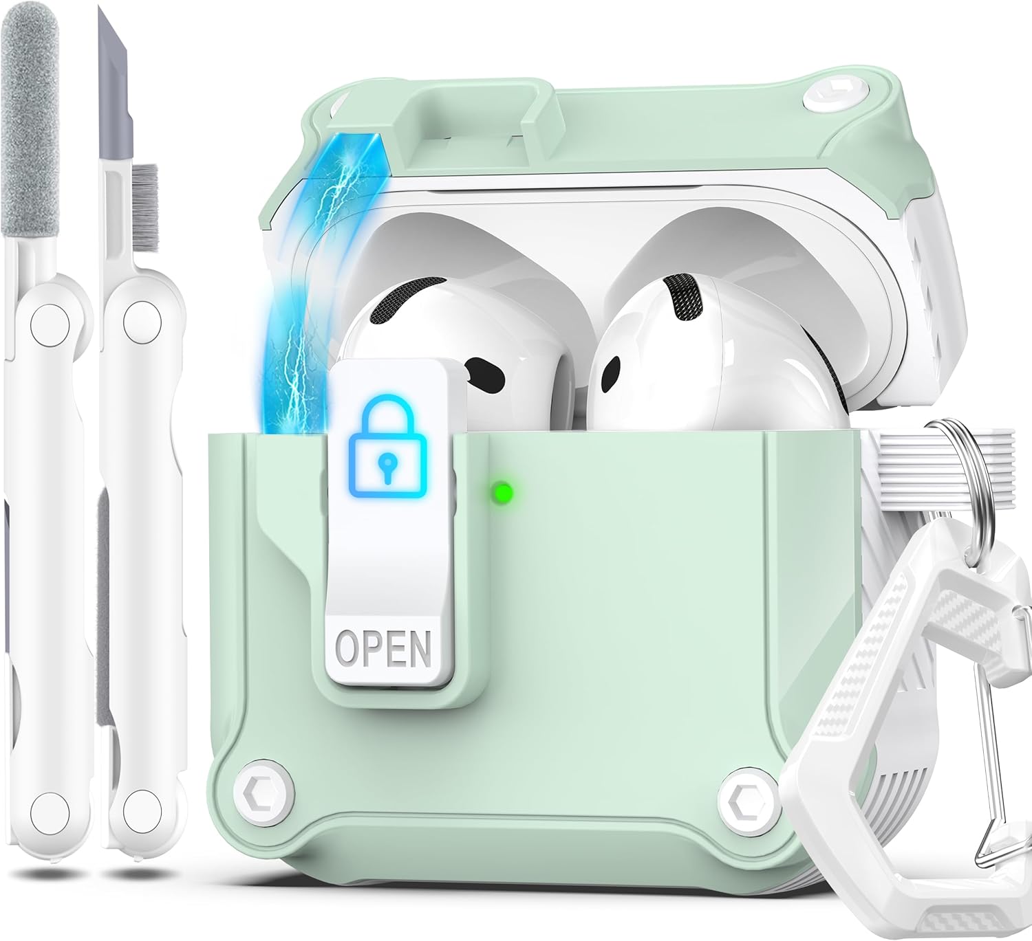 R-fun Compatible with AirPods 4th Gen Case, Full Drop Protection Auto Pop-Up Lid and Lock Design with Cleaner Kit and Keychain for AirPods 4 2024-White/Mint Green