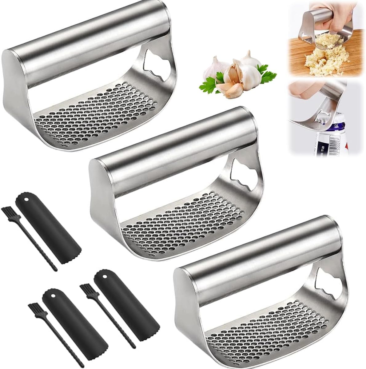 Garlic Press Mincer, Handle Garlic Peeler, Upgrade Stainless Steel 2024 Robust Stainless Steel Garlic Mincer, Garlic Chopper with Peeler and Cleaning Brush for Chopping Garlic, Kitchen Utensils (1 Pie