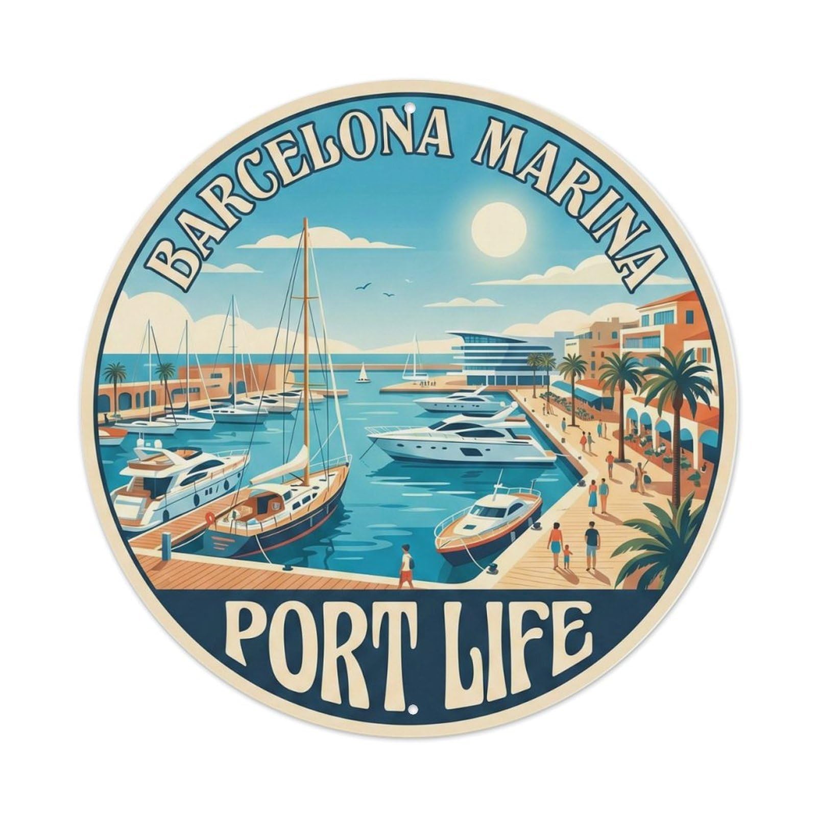 Vintage Barcelona Marina Waterfront Spanish Culture Travel Guide Metal Tin Sign Plaque Wall Decor for Cafe, Man Cave, Club Bar, Office, Home Garden Round Metal Poster 8x8Inch