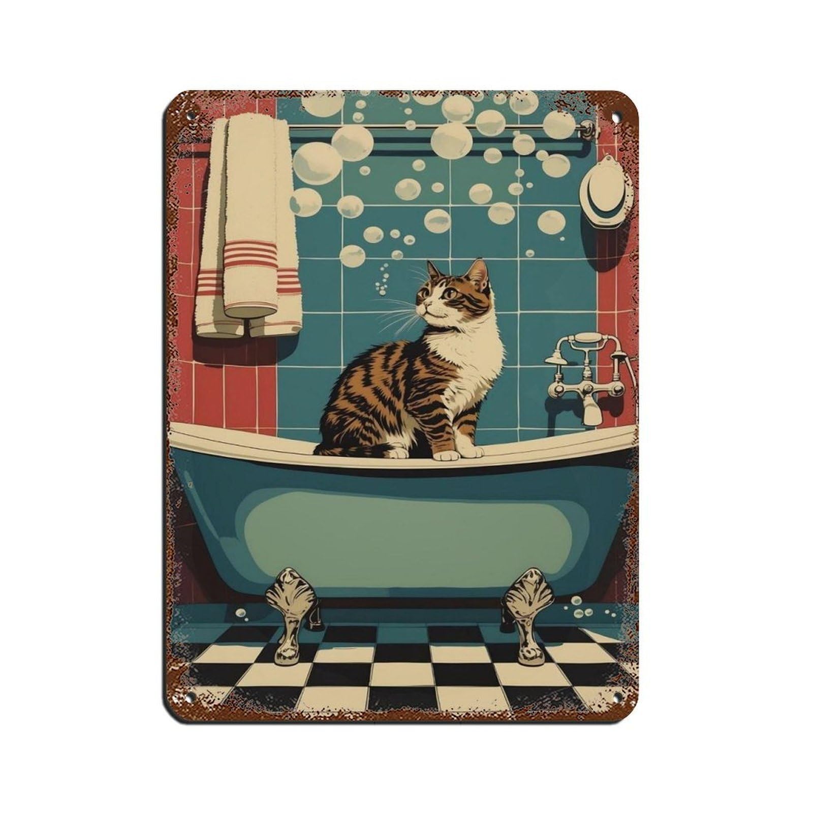 Plaque vintage métal chat baignoire pour habiller un mur vide avec humour