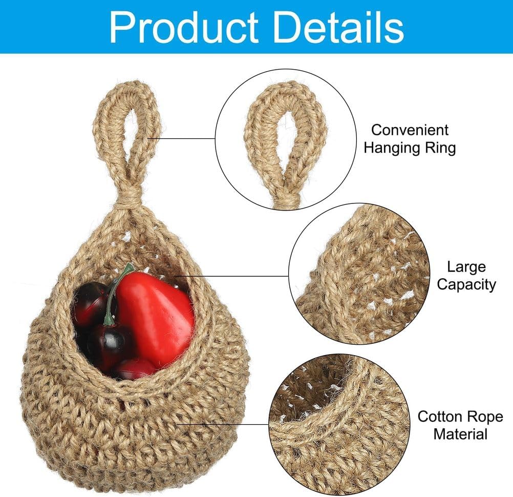 Hanging Fruit Baskets for Kitchen, Mini Size Teardrop Home Decor Storage Hand-Woven Wall Hanging Basket for Garlic Potato Vegetable