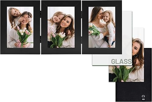 Vista 46 de Frametory, Marco de fotos triple de 4 x 6 pulgadas, marco de fotos con bisagras, tres marcos plegables para escritorio, marco de vidrio vertical Gris