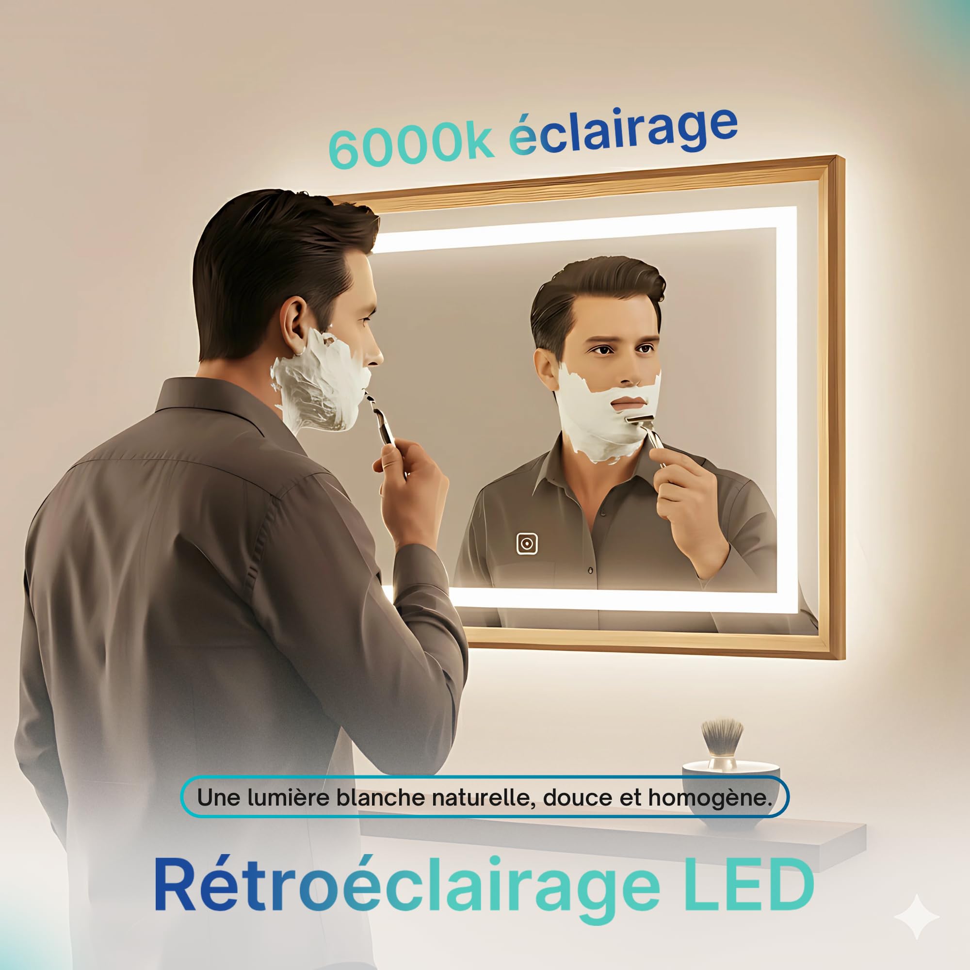 Specchio da parete a LED 70 x 100 cm con cornice in legno – Illuminazione incorporata luce calda o bianca – Pulsante touch, funzione disappannamento e striscia LED impermeabile – ideale per