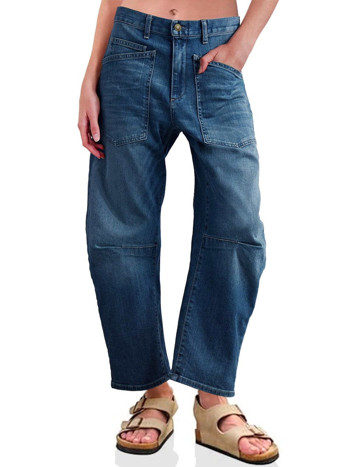 PLNOTME Womens Baggy Barrel Jeans Boyfriend High Waisted Wide Leg Cropped Ankle Denim Pants