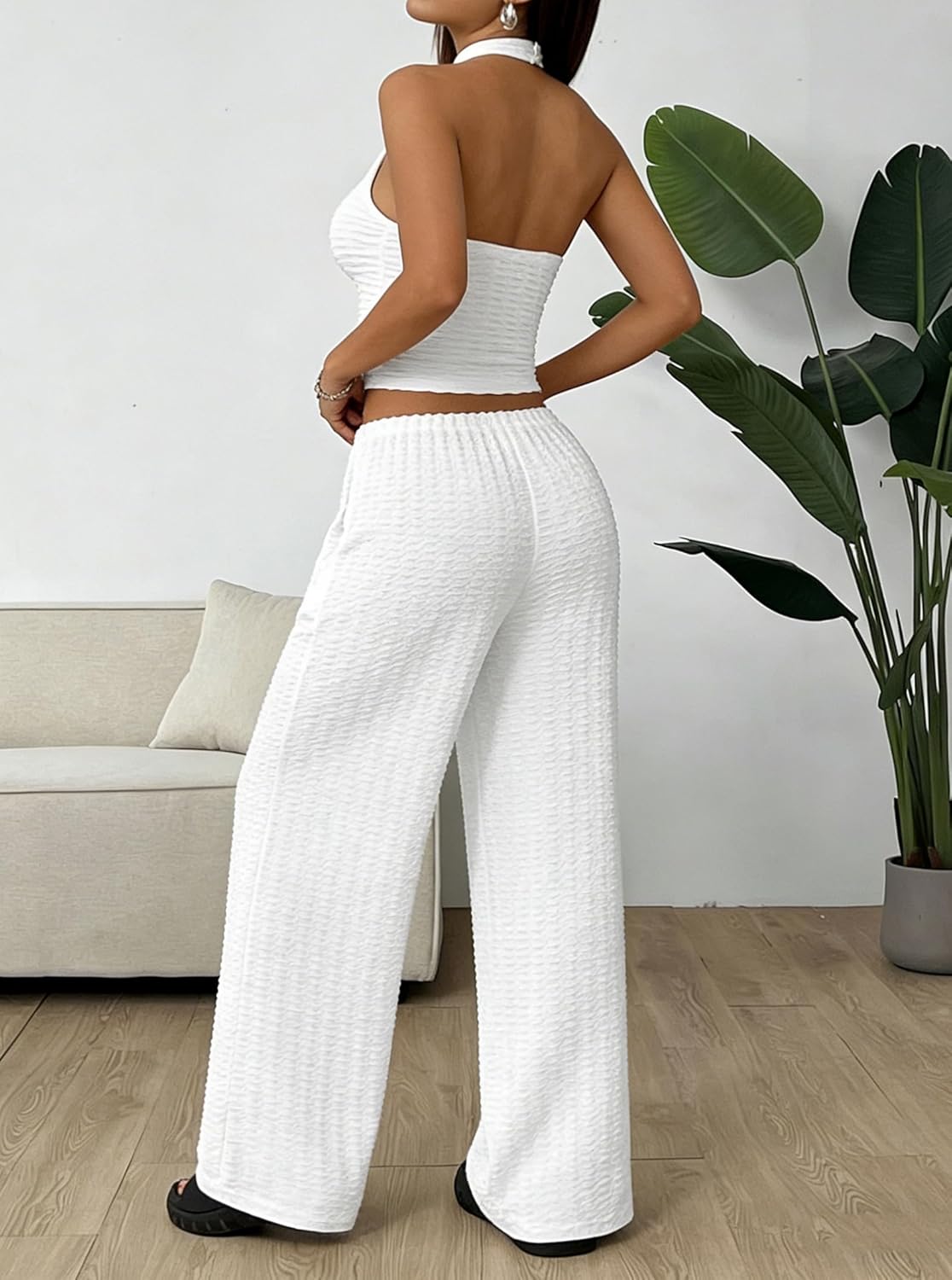 LovelyWholesale Womens Textured 2 Piece Outfits Halter Backless Crop Top and Wide Leg Pants Lounge Sets - Image 2