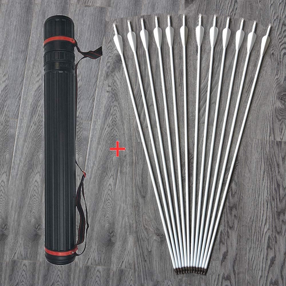 12 Pieces Archery 32 Inch Carbon Arrow Hunting Targeting Arrow Spine 500 Practice Arrow with Removable Tips 3" White Vanes and Arrow Quiver for Recurve Compound Bow