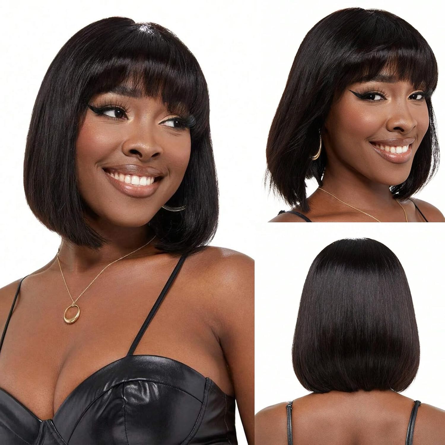 PORSMEER - Parrucca corta a caschetto in capelli umani neri con frangia per donne, realistica, corta e liscia, pronta all'uso, senza colla, capelli veri al 100%, capelli vergini brasiliani remy, per
