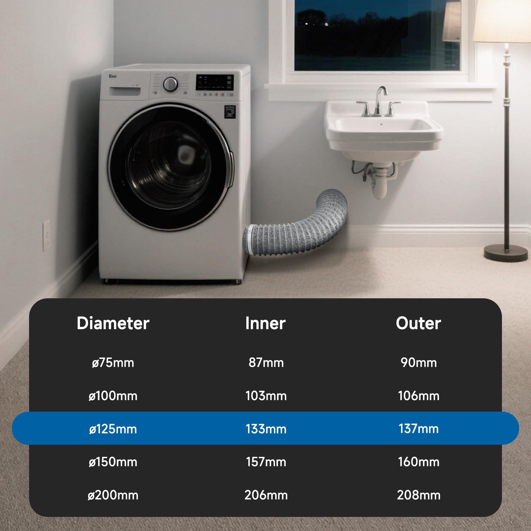 Hon&Guan Ø 125 mm Isolato PVC Tubo di Ventilazione in Alluminio Lunghezza 1,2m, Flessibile Cappa Cucina Tubo di Scarico con 2 Morsetti in Acciaio per Condizionatore, Garage, Stufa Pellet, Grigio
