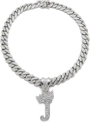 Unisex Adult Alphabet Initial with Crown Letter 18 Miami Cuban Chain Necklace Hip Hop Style Pendant in Silver Tone