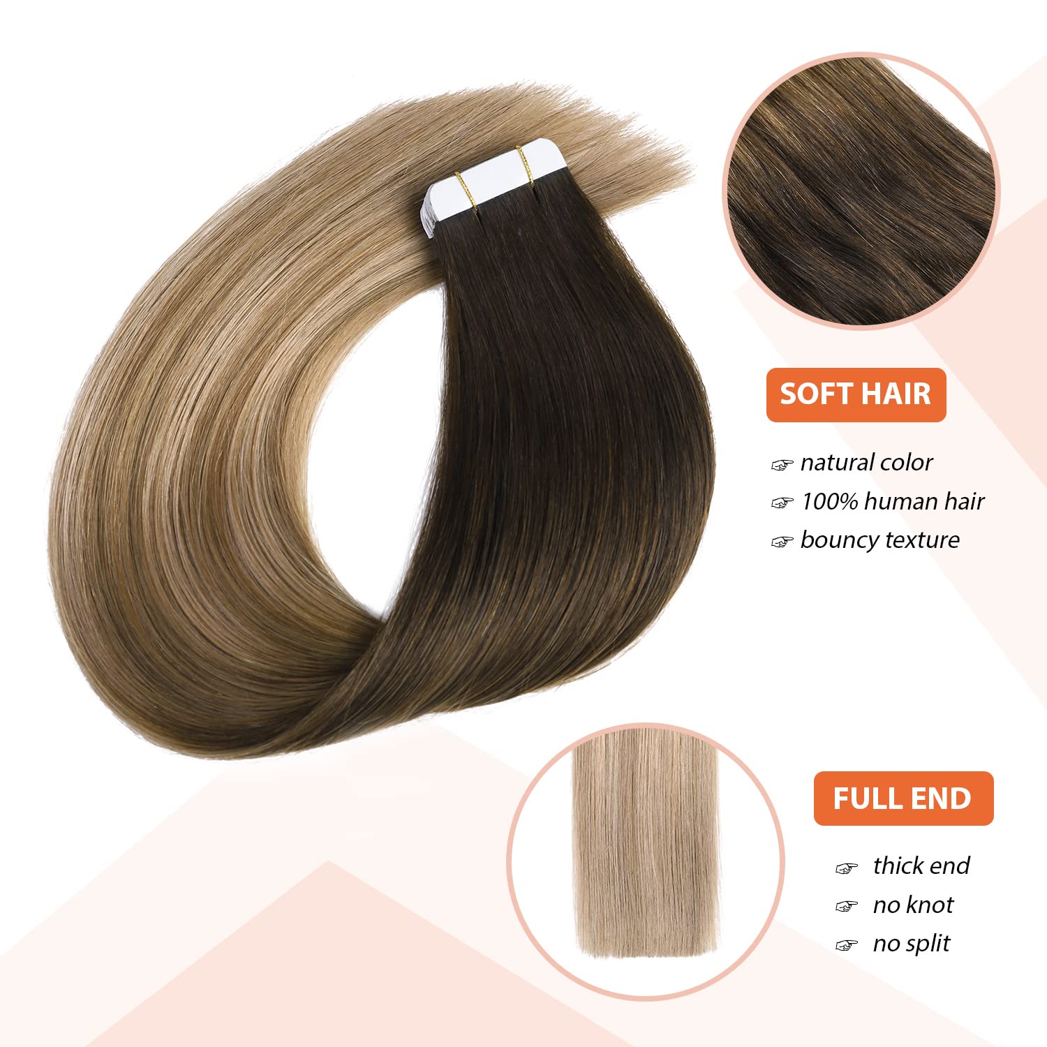 XDhair Tape in Real Human Hair Extensions 20Pcs 50G 22inch Straight Balayage Dark Brown to Chestnut Brown and Dirty Blonde Tape in Extensions for Women (#2/618,22Inch) - Image 2