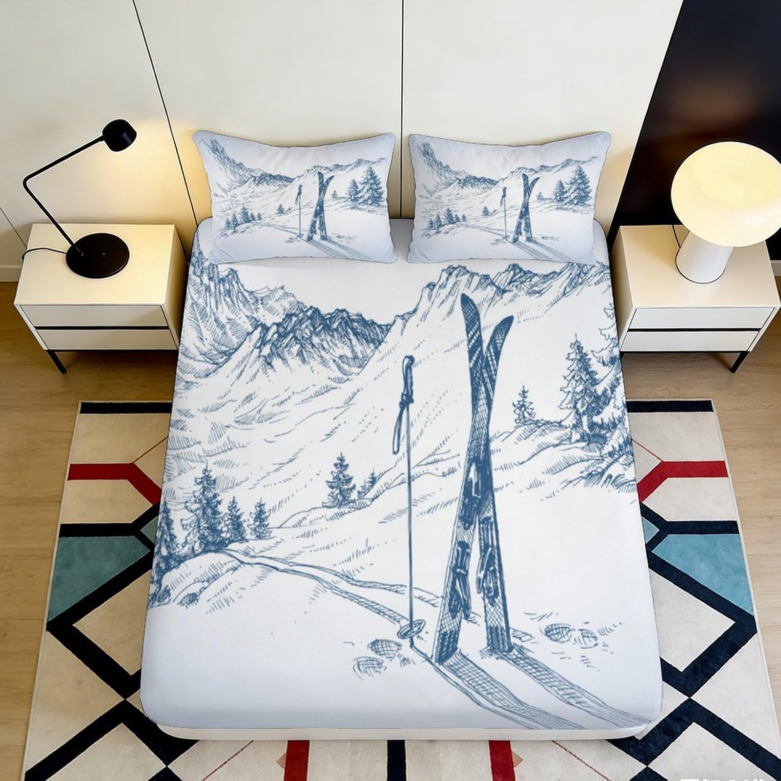 Pnayamiorkfel Style-4 3D Printed Alpine Ski Landscape Fitted Sheet Microfiber Soft Breathable Mountain Scene Mattress Cover For Bedroom Guest Room Decor 90X200x25cm