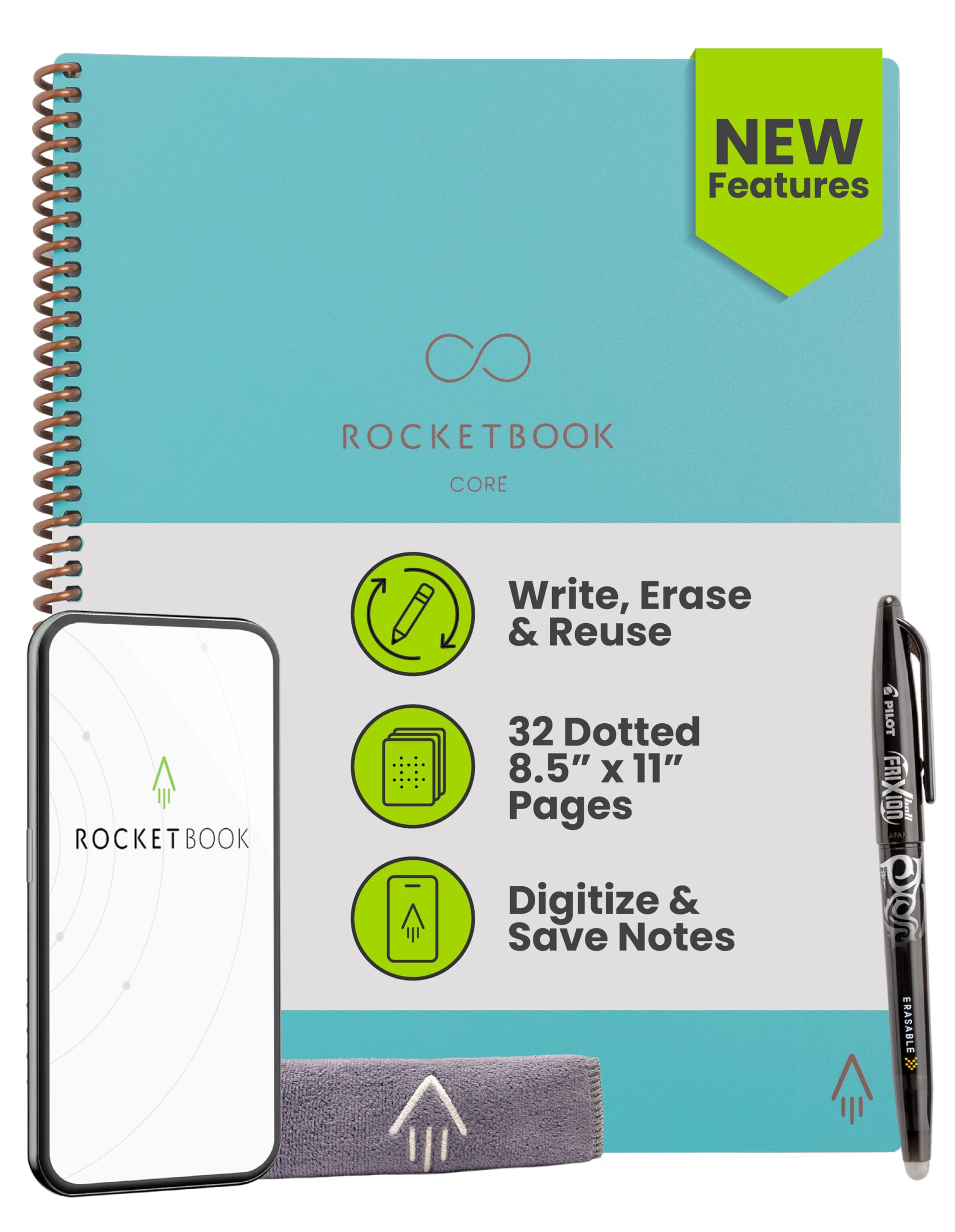Rocketbook New Core Reusable Spiral Notebook, Letter Size 8.5x11, Teal - Dotted Pages, App-Connected, Erasable, Durable Cover, Ideal for School, Work, and Creative Projects Unknown Binding