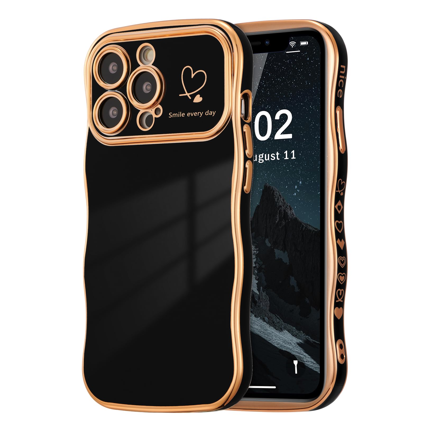 ZTOFERA for iPhone 13 Pro Max Case 6.7 inch,Cute Curly Wave Frame Case with Love Heart Pattern,Luxury Plating Edge Full Camera Protection Shockproof
