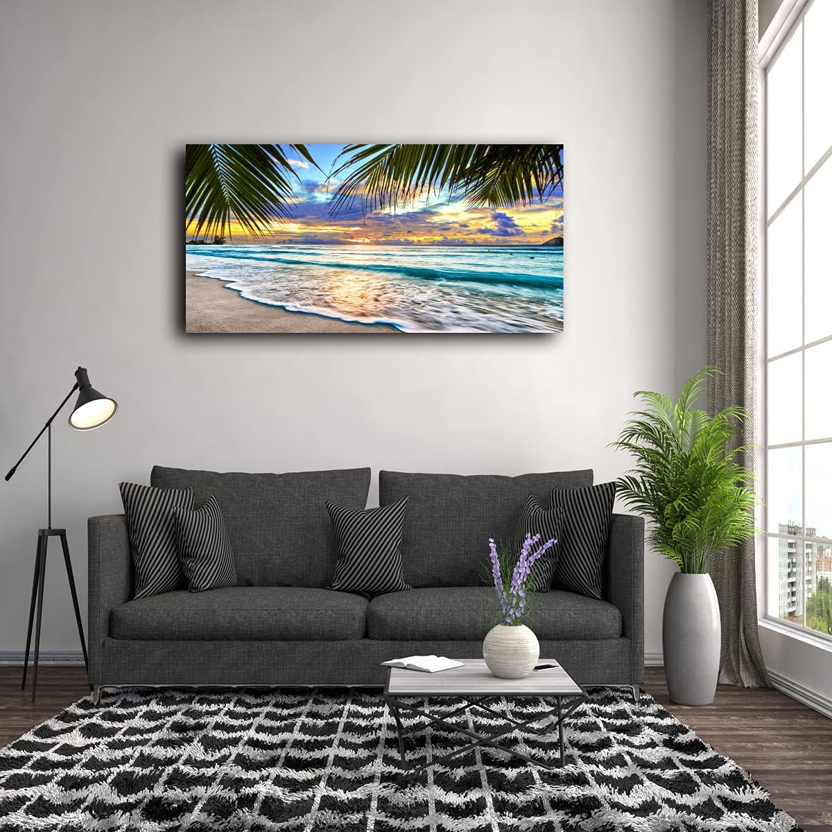 Beach Canvas Wall Art Seascape Theme Pictures Home Decor Blue Ocean White Wave Palm Tree Prints Painting for Living Room Bathroom Bedroom Kitchen Office Decoration Natural Scenery Artwork 28x57 inches