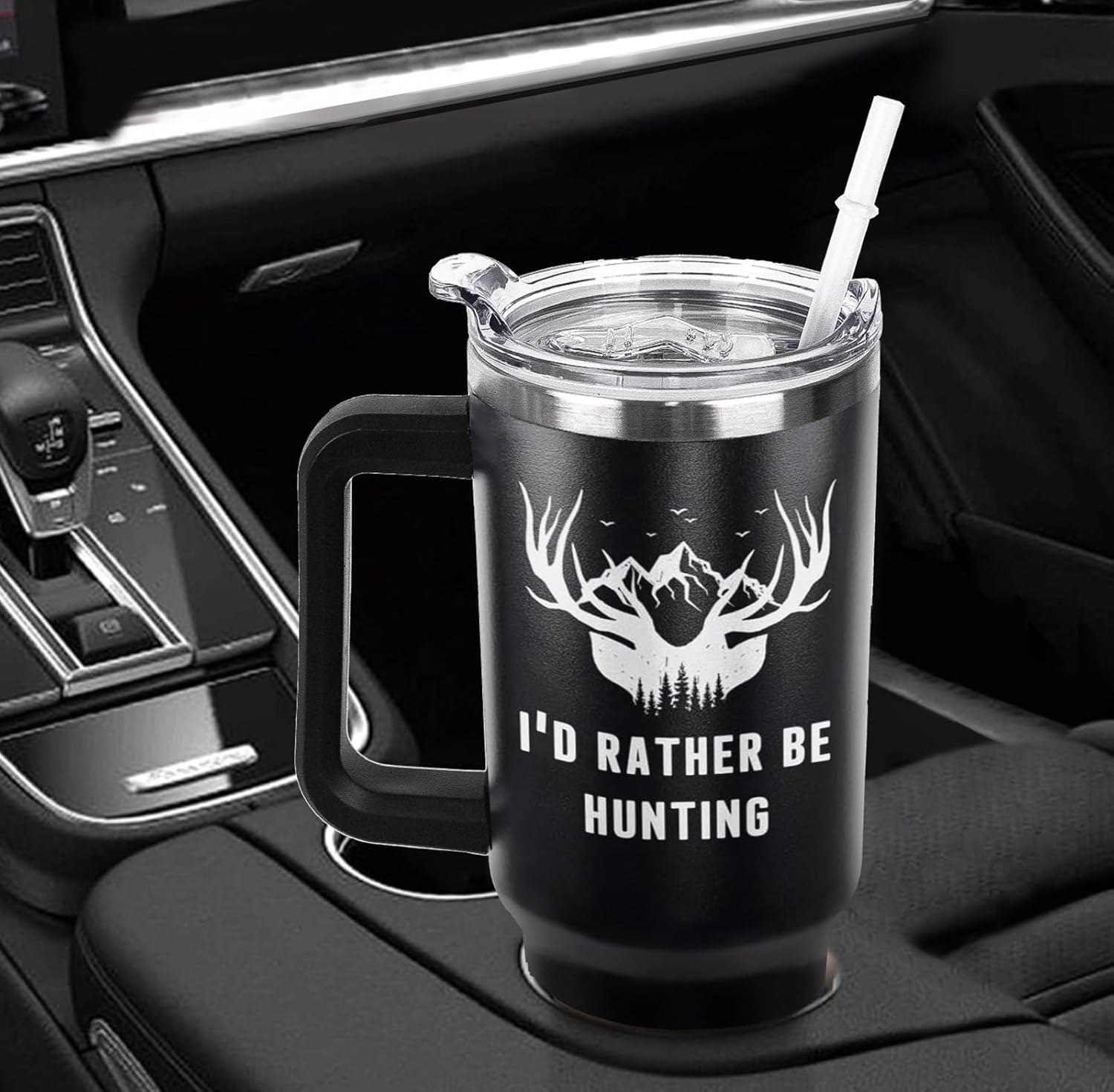Hunting Tumbler with Handle and Straw Hunters Deer Cup Coffee Travel Mug Hunting Gifts for Dad Papa Husband Hunter Fathers Day-40 oz Id Rather Be Huntings - Image 6
