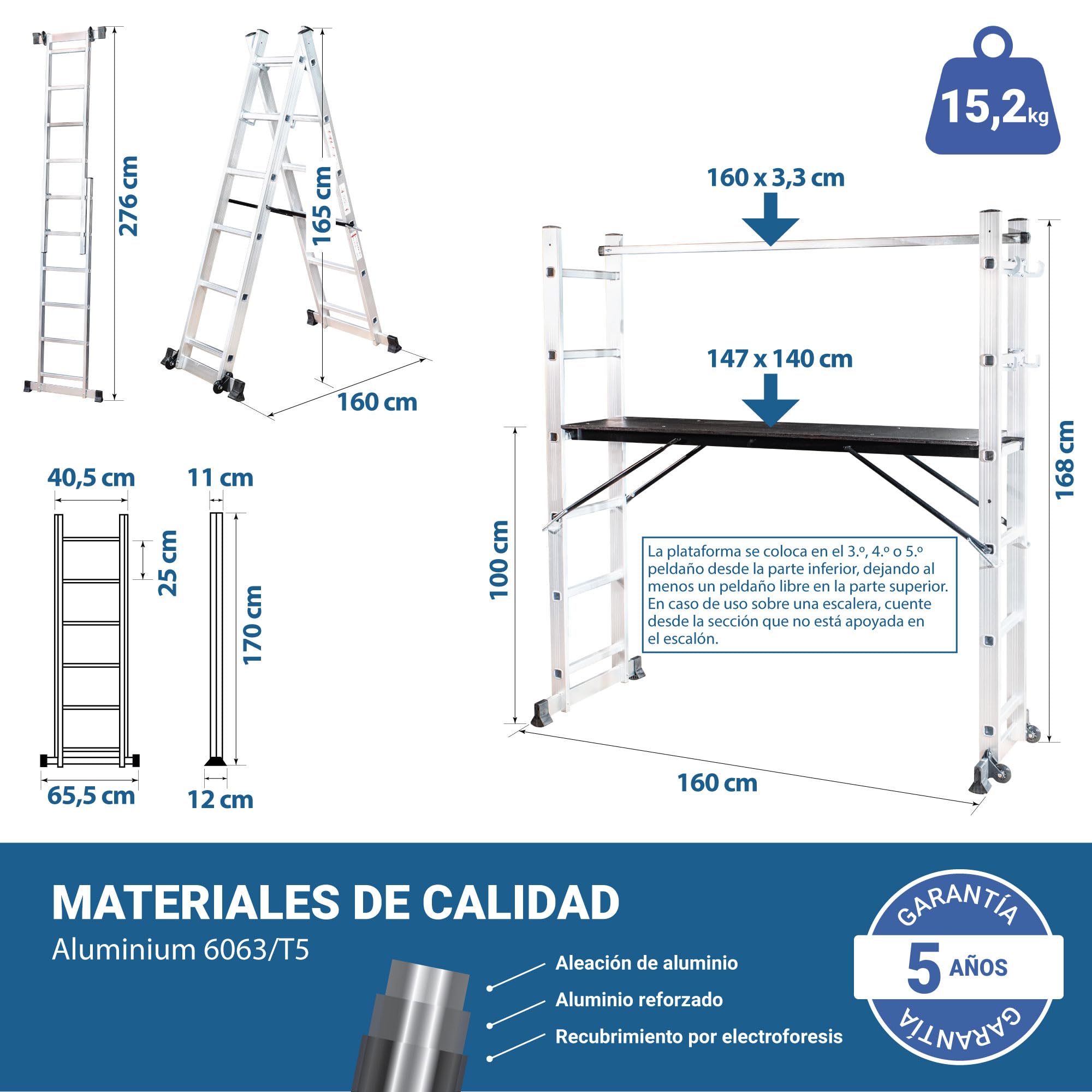 HOSTRÖM Andamio rodante SCAFFOLDAX2X6, andamio de jardín Plegable multifunción 4 en 1, Escalera de 2 tramos, Altura máxima de Trabajo de 4,46 m, garantía de 5 años.