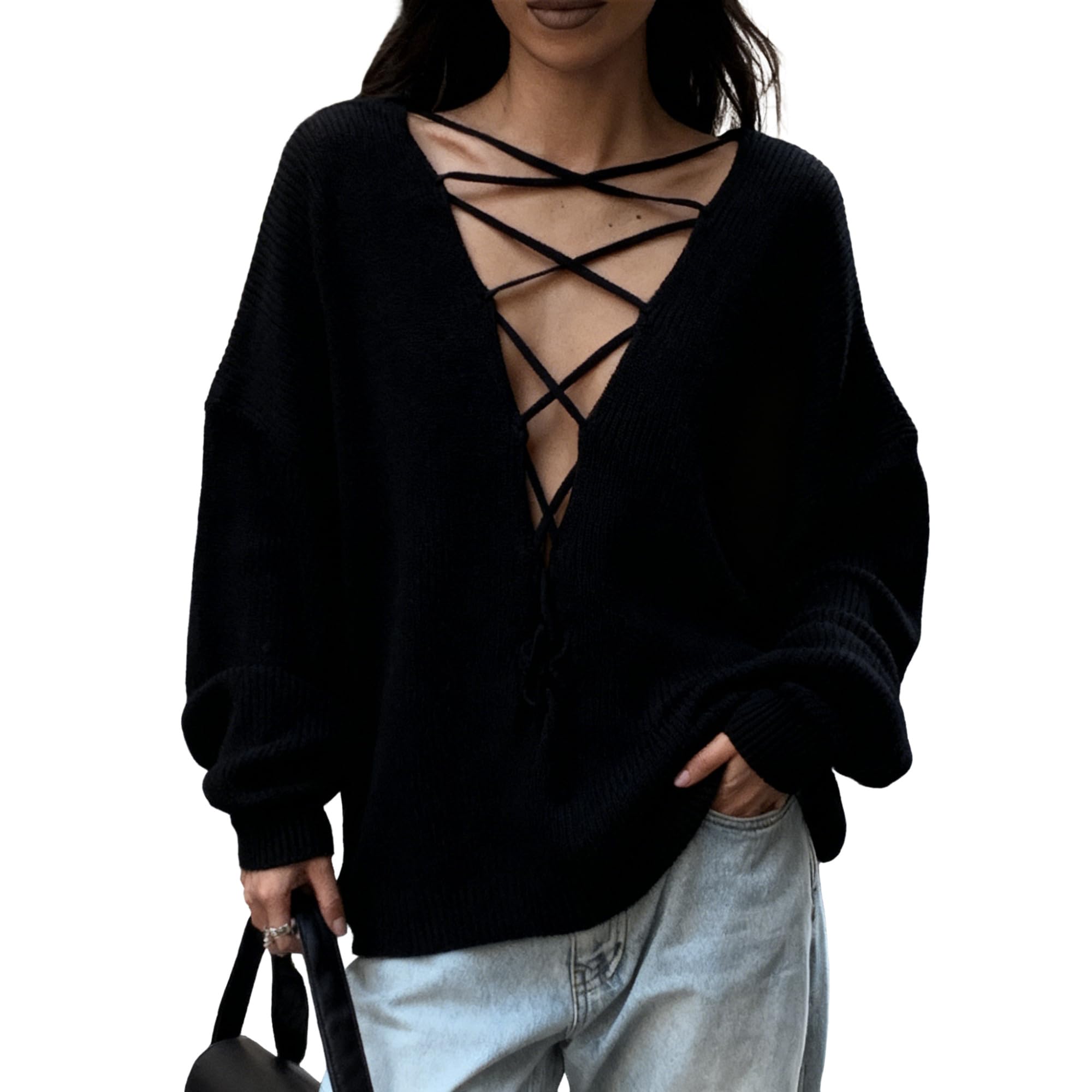 Melliflo V Neck Criss Cross Sweaters for Women Sexy Slouchy Oversized Sweaters Long Sleeve Lace-up Y2K Grunge Tops
