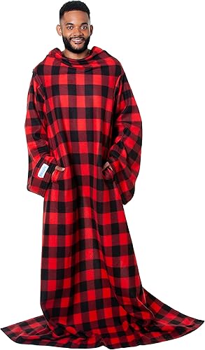 Snuggie Manta portátil con mangas y bolsillos, forro polar suave, cuadros rojos y negros