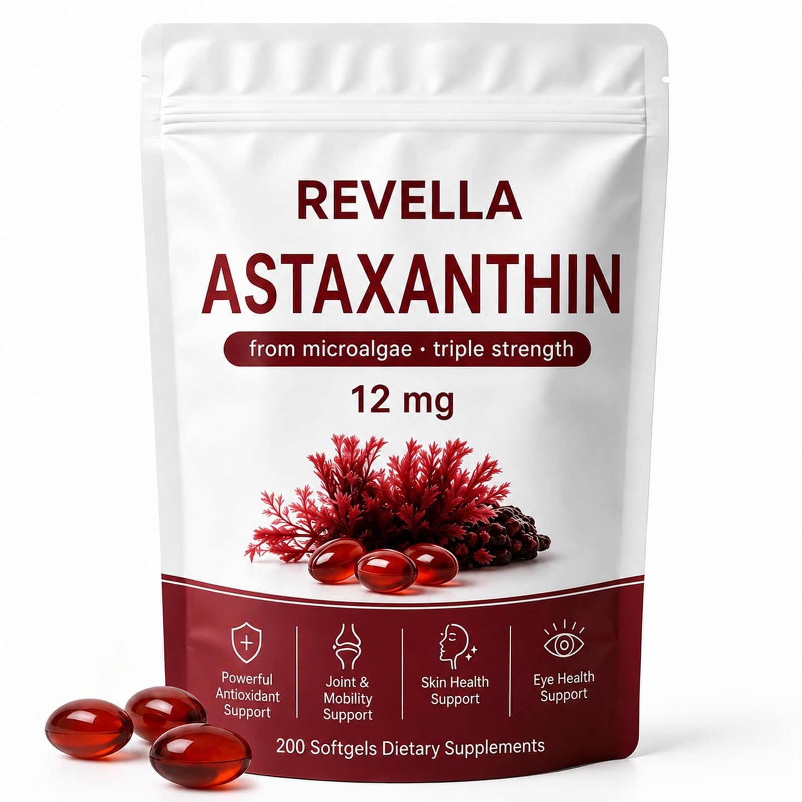Revella Astaxanthin 12mg Softgels, Natural Microalgae Astaxanthin with Sunflower Oil, Antioxidant Support, Skin, Eye & Joint Wellness, Non-GMO, Gluten-Free, 200 Softgels