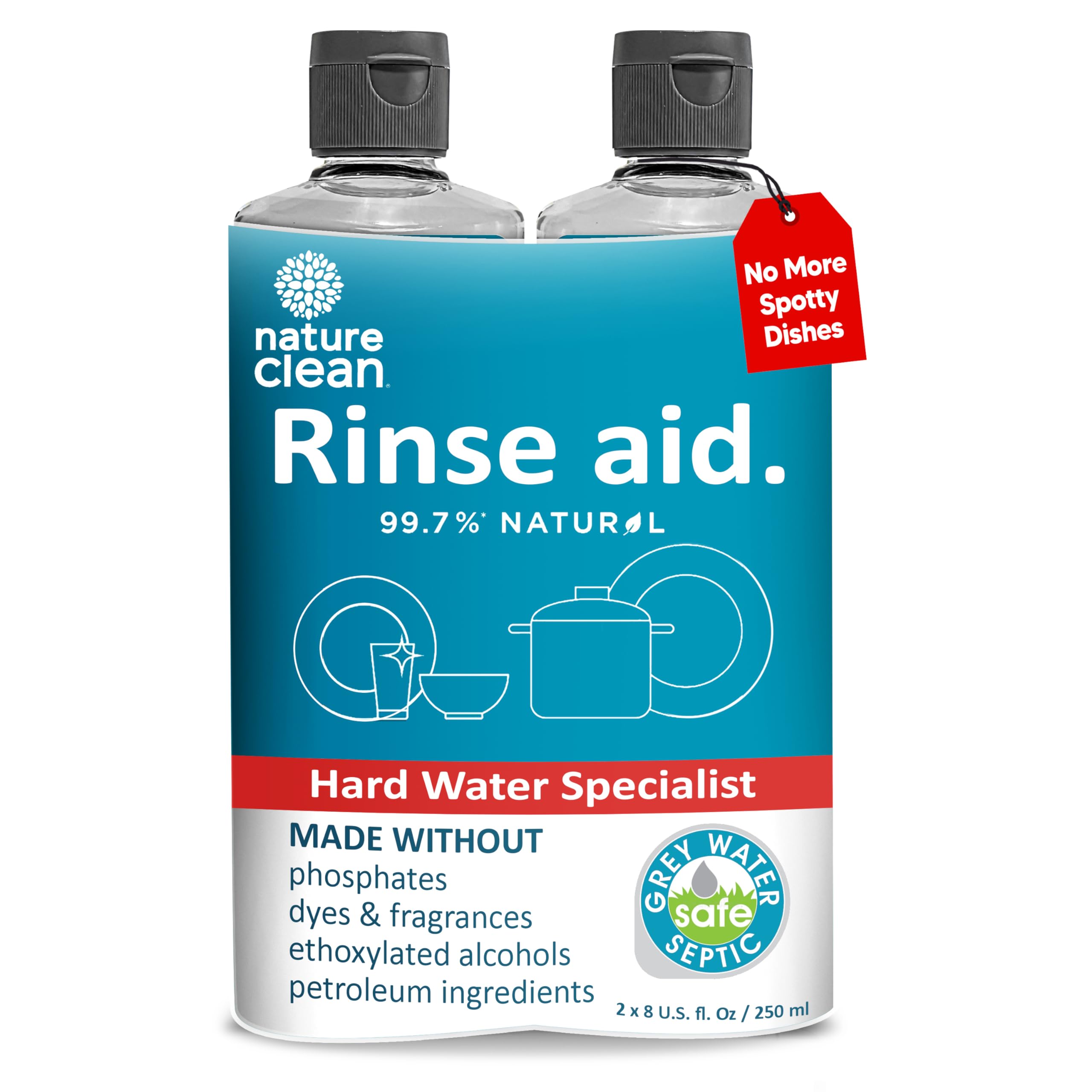 Nature Clean Natural Dishwasher Rinse Aid Liquid, Plant-Based Dishwasher Drying Agent with 99.7% Natural Ingredients, Unbelievable Power and No Nasty Chemicals. Hard Water Stain Remover. 8 oz 2-pack
