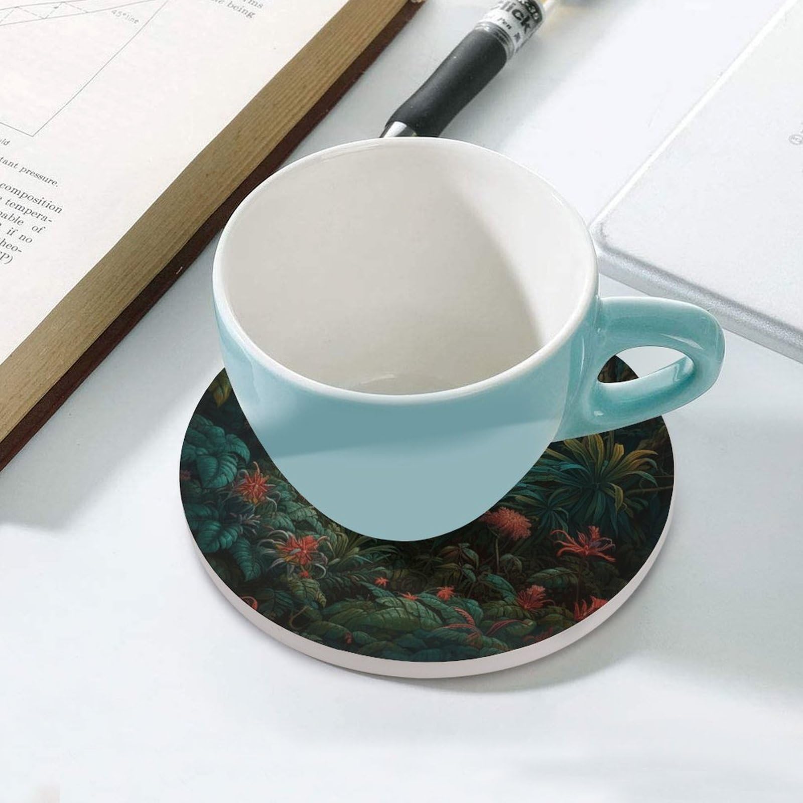 Realistyczne podstawki pod napoje w stylu botanicznym z uchwytem na stolik kawowy, ceramiczna podstawka z podstawą korkową, ceramiczna podstawka do mrożonych zimnych lub gorących napojów, 10 cm