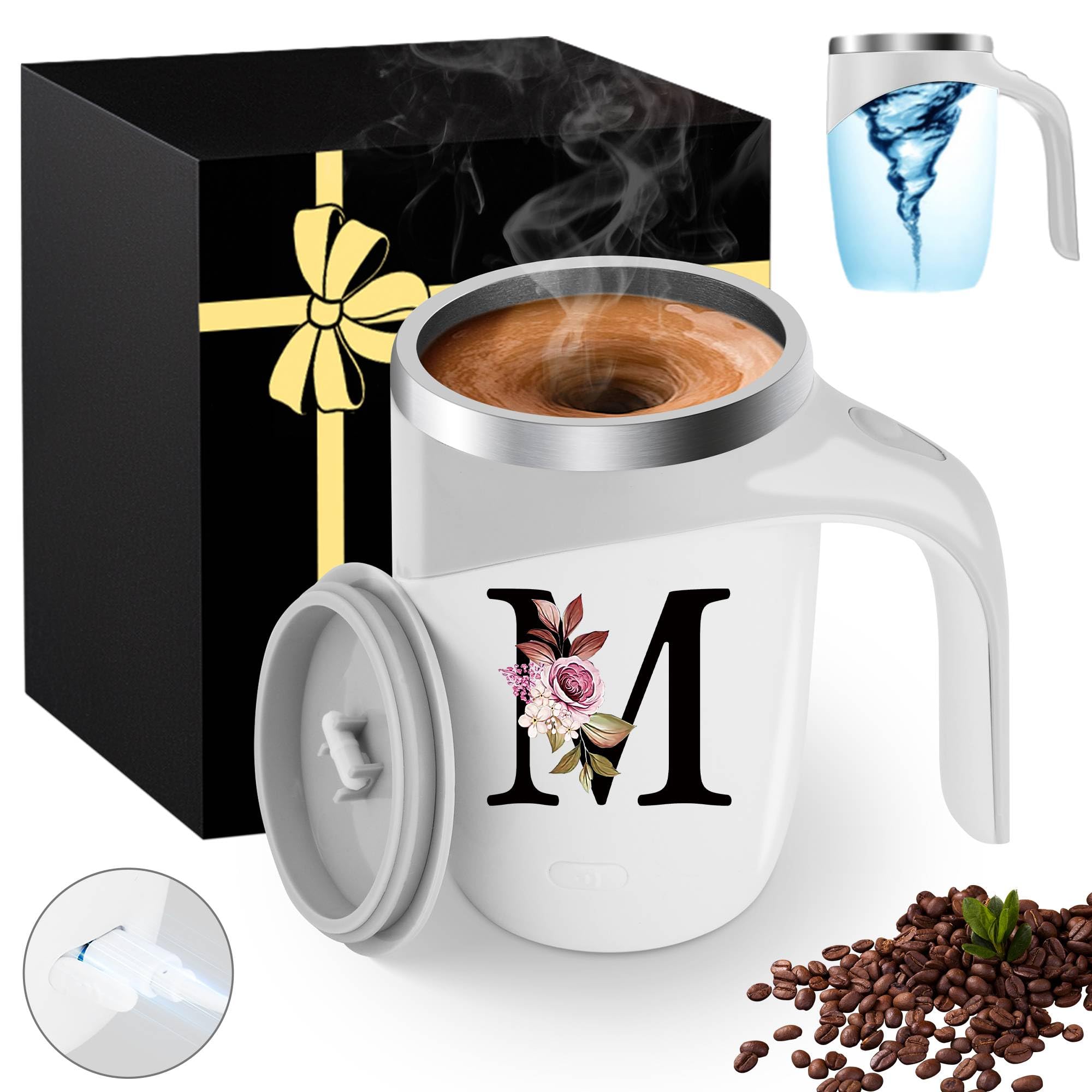 Personalized Initial Magnetic Stirring Coffee Mug Stainless Insulated Travel Cup Women Wife Husband Happy Birthday Wedding Romantic Unique Gift Special Cute Day Custom Christmas Valentines Ideal,M