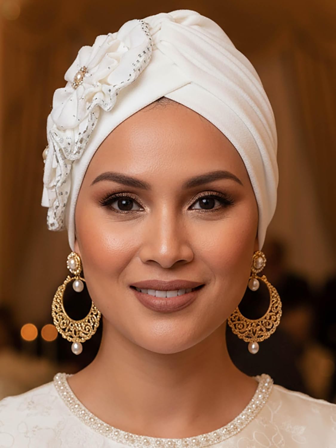 Woeoe Women Auto Gele Headwraps Gold Flower African Turban Pre Tied Beanie Caps Headwear - Image 3