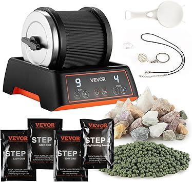 VEVOR Rock Tumbler Kit, 2 lbs Rock Polishing Kit, 4 Speed Settings 9-Day Polishing Timer Stone Polishing Kit, Rock Polisher with Rough Gemstones and Polishing Grits, Rock Polisher for Adults Kids