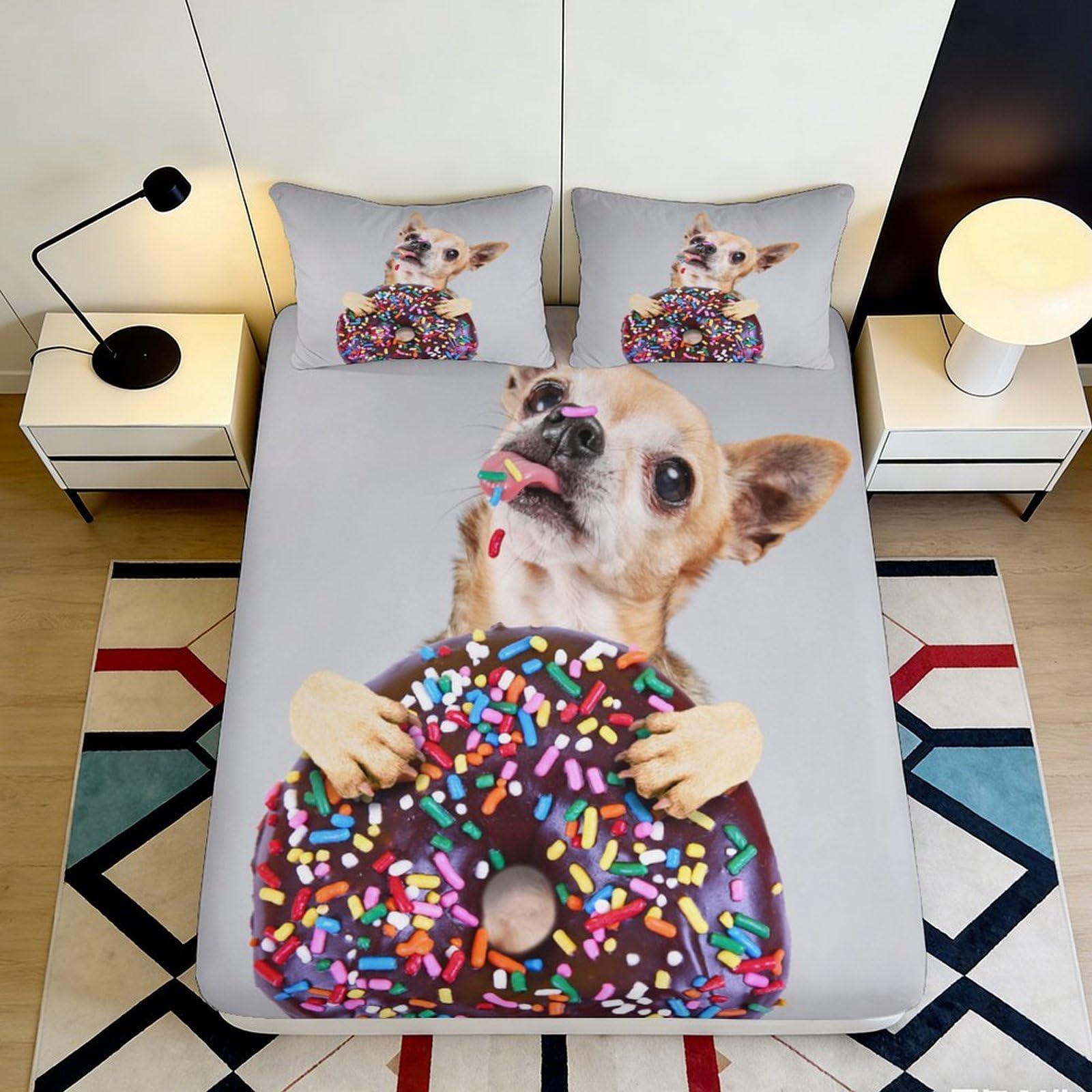 3D Printed Chihuahua Donut Fitted Sheet Microfiber Soft Breathable Dog Pattern Bed Cover for Bedroom Dormitory Guest Room Mattress Protection Decor 180x200x25cm