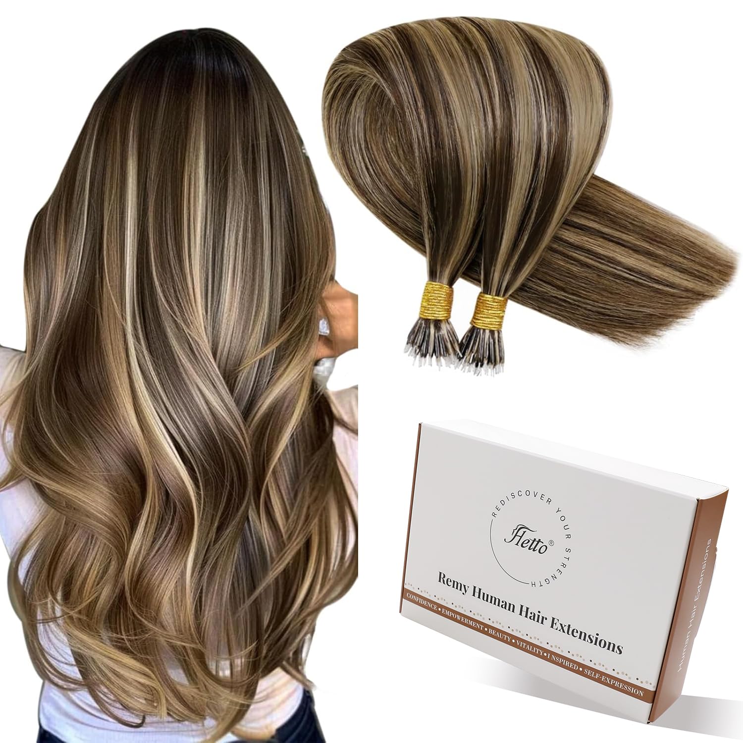 Hetto Nano Hair Extensions Real Human Hair Brown Highlights Blonde 16 Inch, Invisible Nano Beads Human Hair