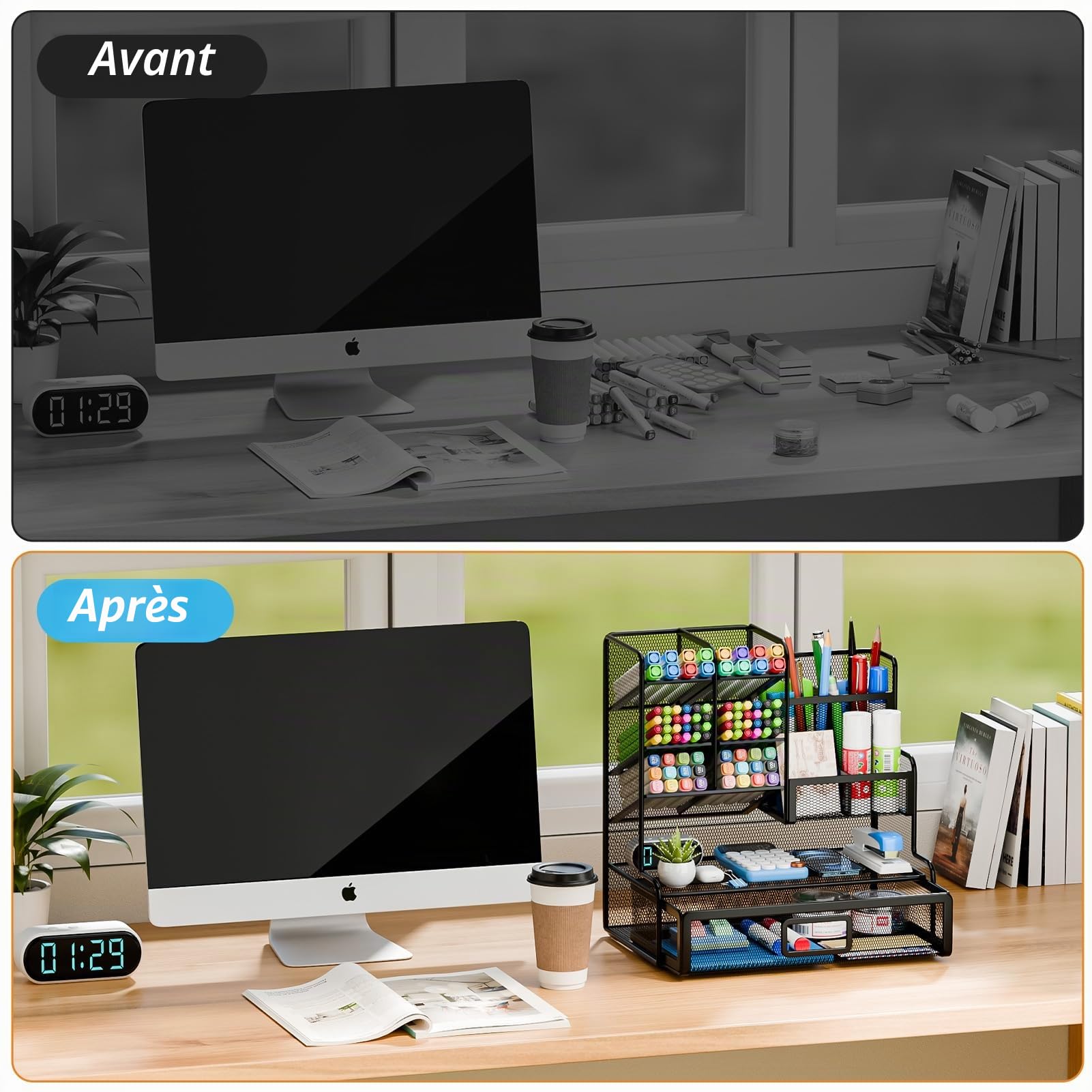Organiseur de Bureau en Maille,Porte-Stylos Multifonctionnel, Organisateur de Papeterie,Rangement de Bureau et Tiroir pour à Domicile (Noir)