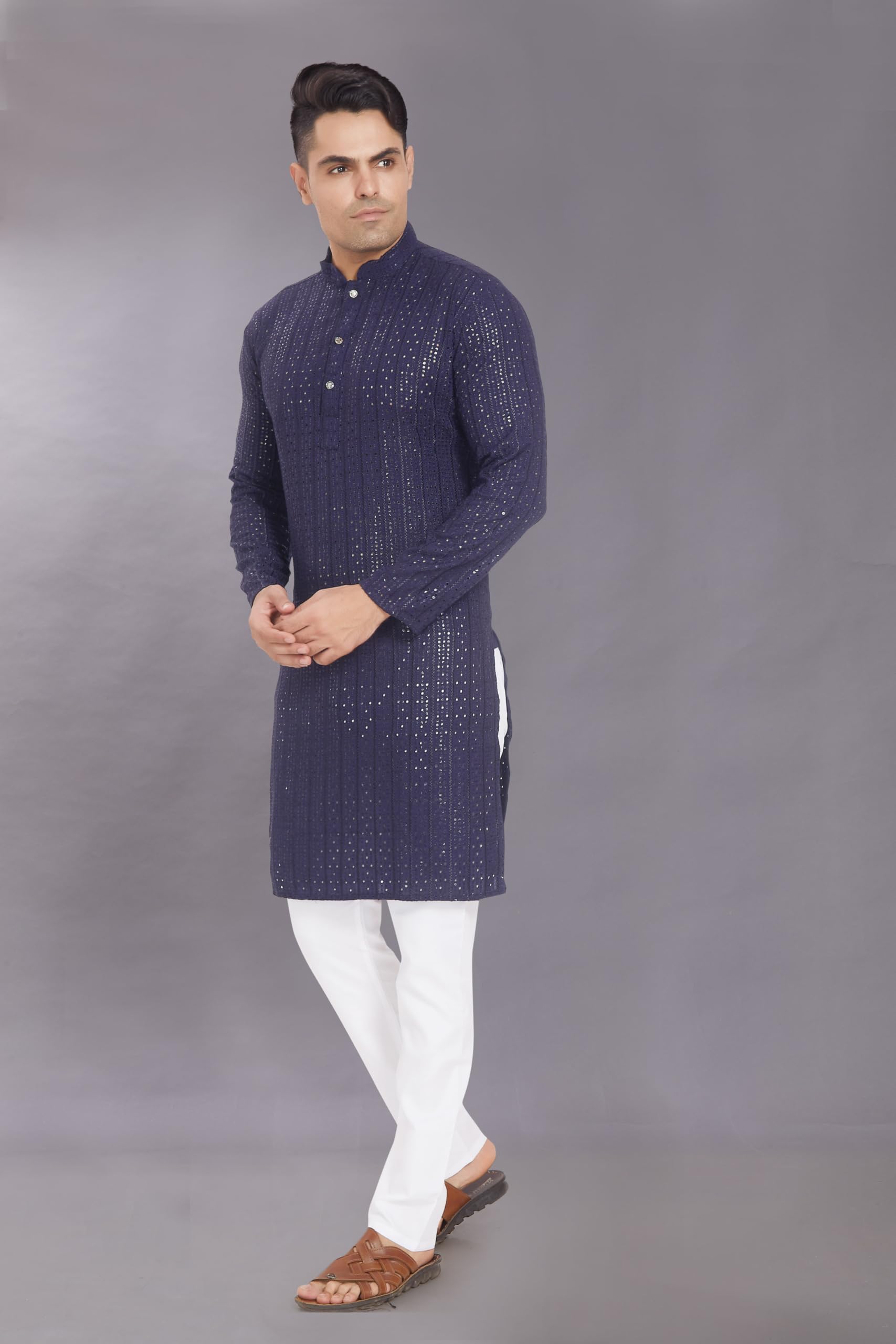 Divisive Men's Embroidered Cotton Blend Only Slim Fit Kurta (Dkrt371_Xl_Navy Blue)