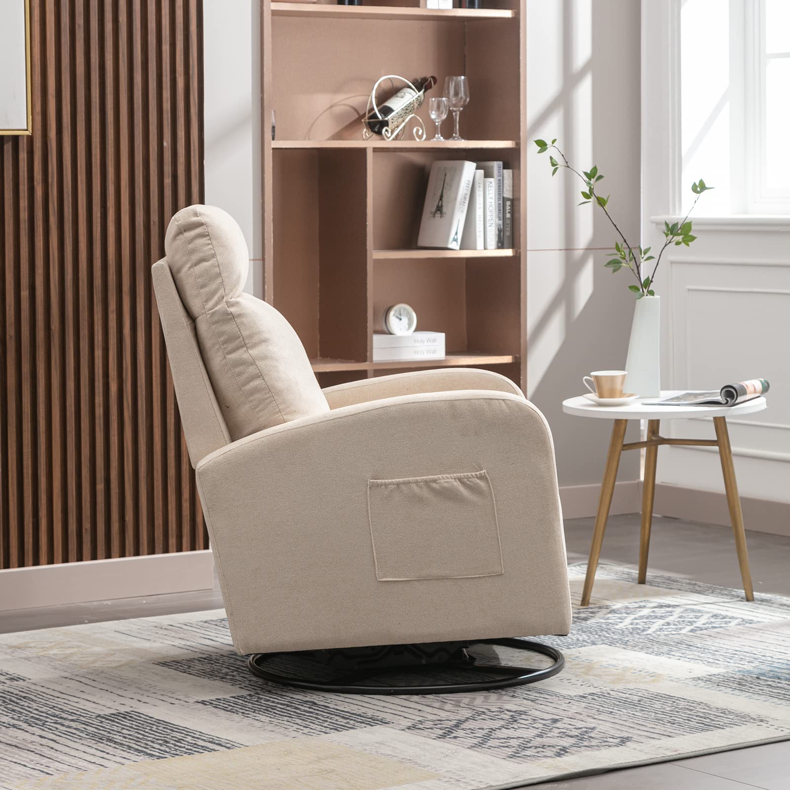 LUCKHAO Mecedora giratoria, sillón giratorio de deslizamiento para guardería, tapizado de tela de tilo, sillas mecedoras modernas con respaldo alto para guardería, dormitorio, sala de estar (beige)