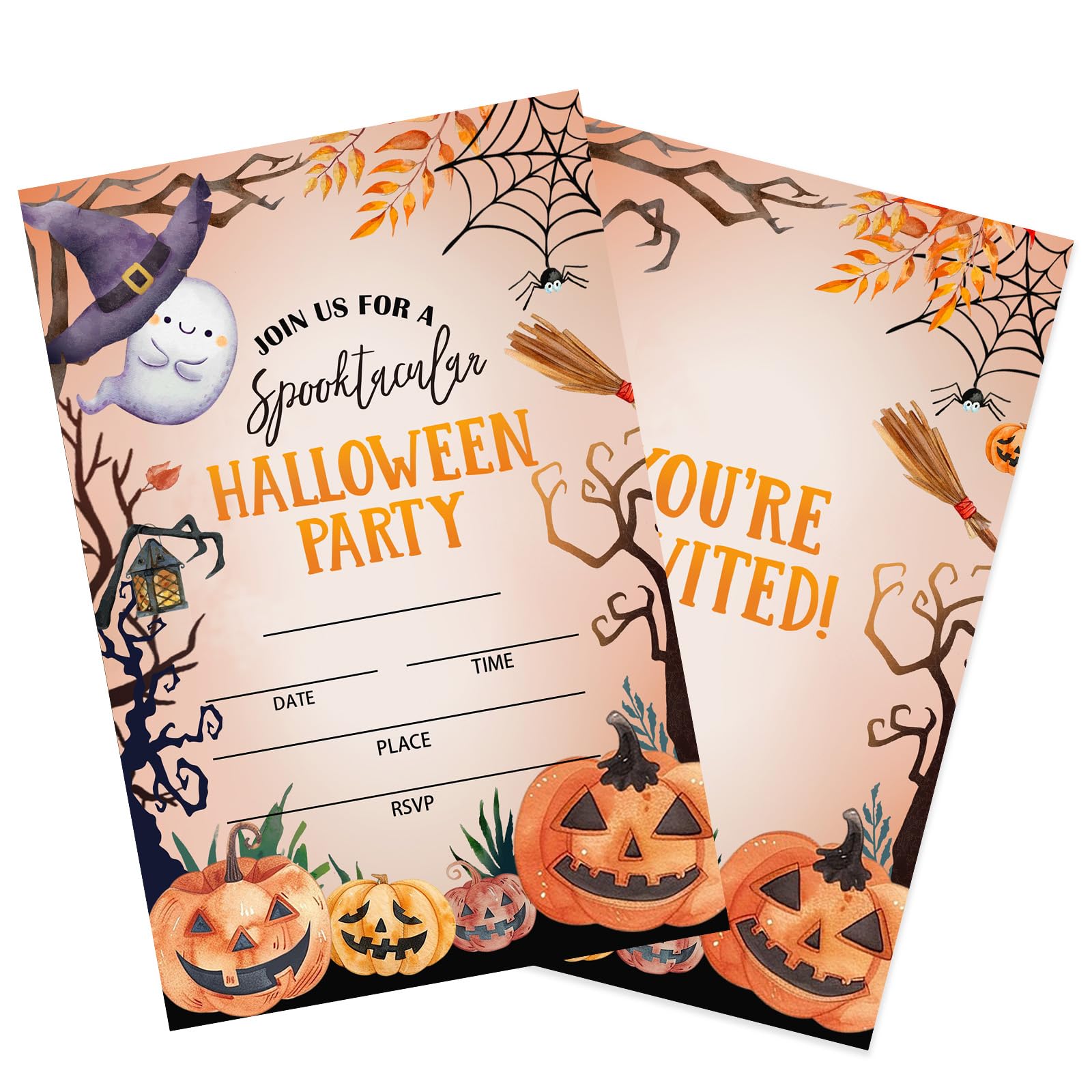 Bltgh Halloween Party Invitations Cards, Spooky Pumpkin Party Invite, 20 Fill-in Invitations with Envelopes(4x6 inch), Teens Adults Halloween Party
