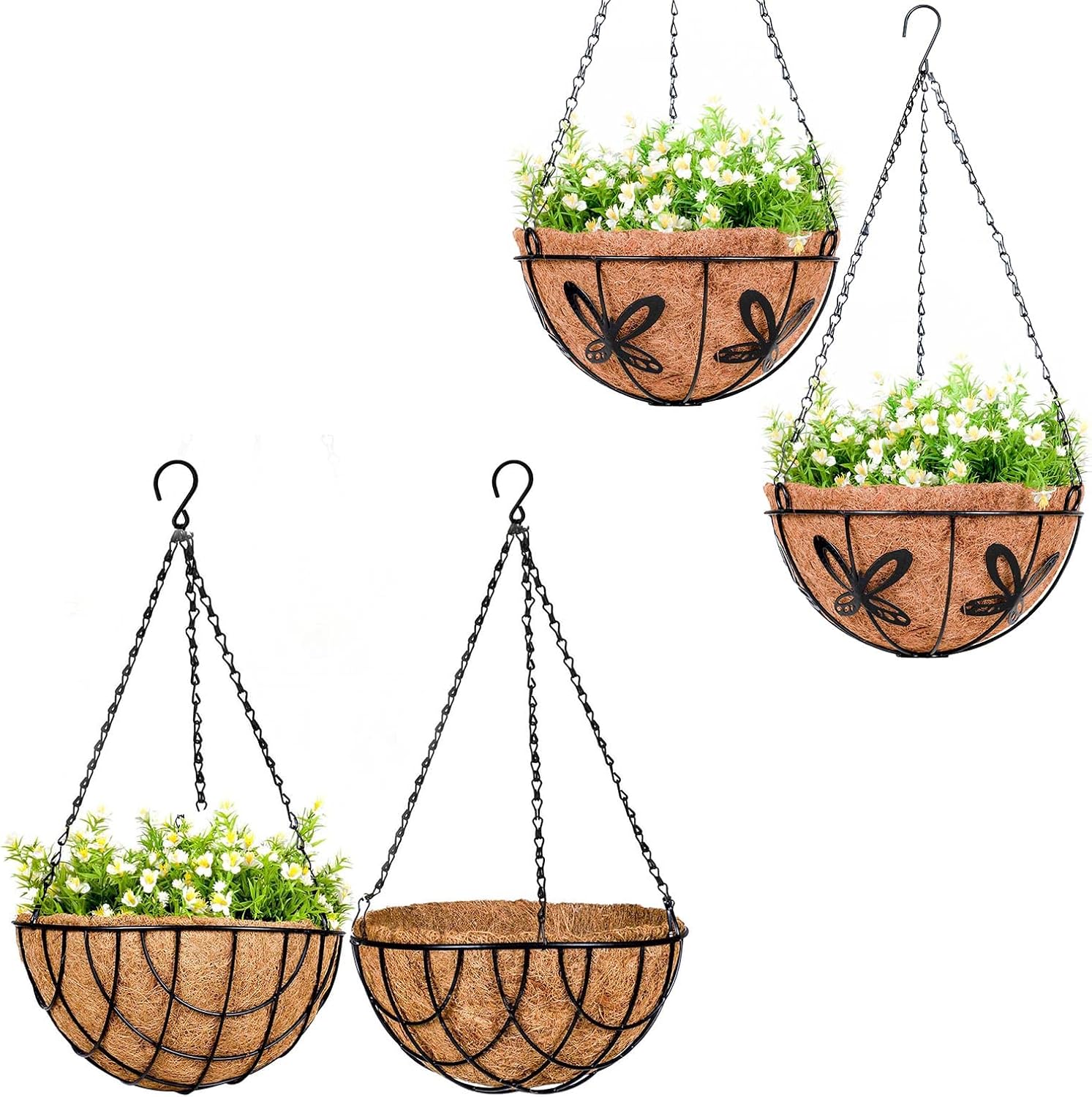 Metal Hanging Planter with Coconut Coir Liner, 10 Inch Wire Chain Basket for Indoor Outdoor Home Garden Decorations, 2 Pack Grid Pattern and 2 Pack Butterfly Pattern