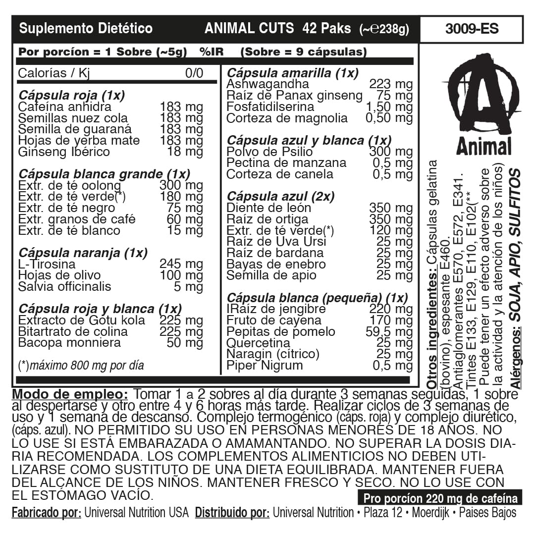 Universal Nutrition ANIMAL Cuts - Dieta y Definición Suplemento para el Control de Peso para Atletas de Alto Rendimiento - Estimula el Metabolismo y Aumenta el Gasto Energético, 42 unidades