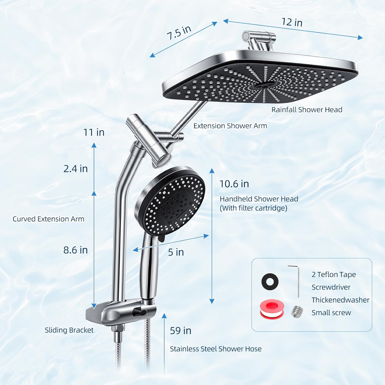 Shower Head with Handheld, 12" High Pressure Rain Shower Heads with Filtered Handheld Spray Combo & Adjustable Extension Arm, Silver Showerheads & Hand Held Showers Set for Bathroom