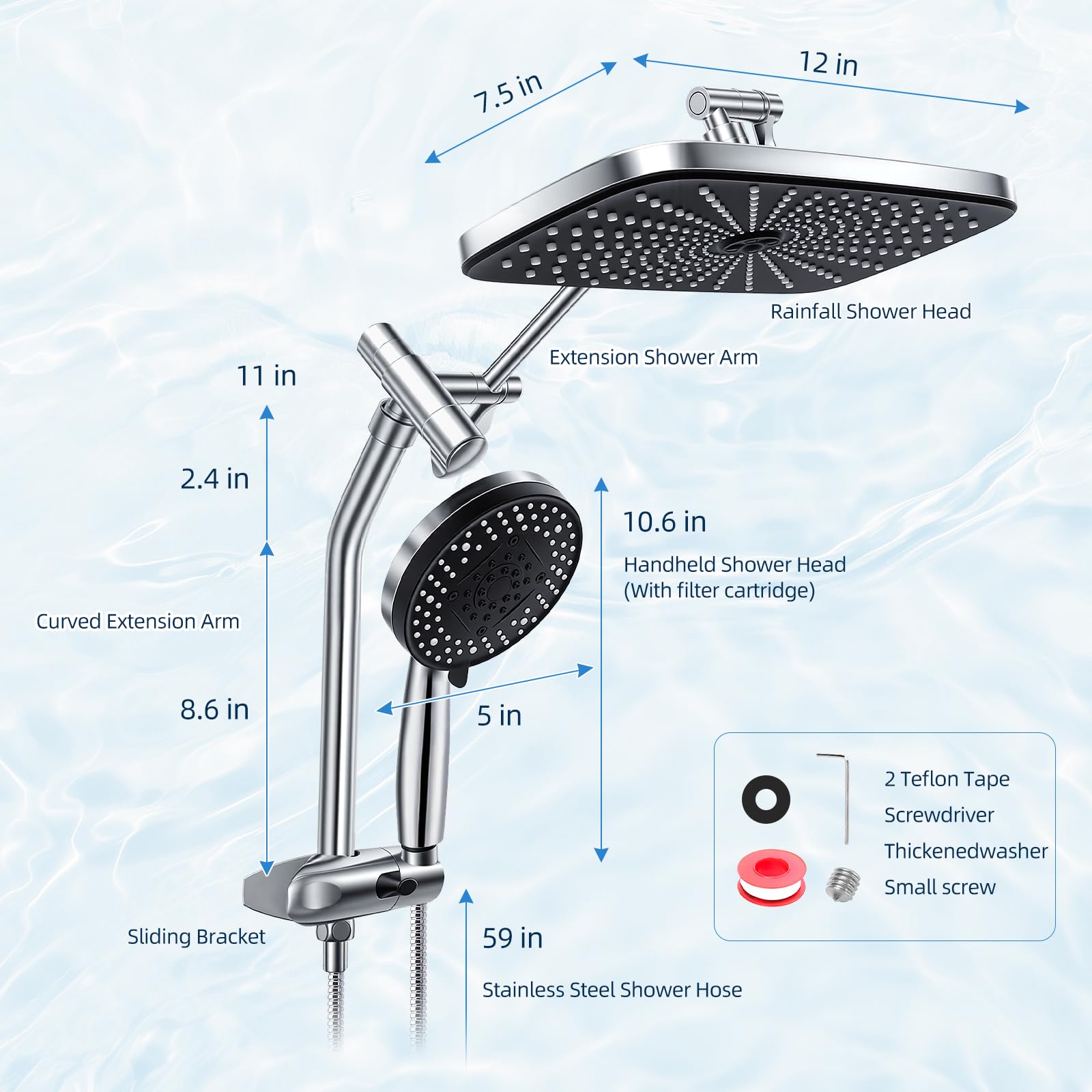 Shower Head with Handheld, 12" High Pressure Rain Shower Heads with Filtered Handheld Spray Combo & Adjustable Extension Arm, Silver Showerheads & Hand Held Showers Set for Bathroom — view 7