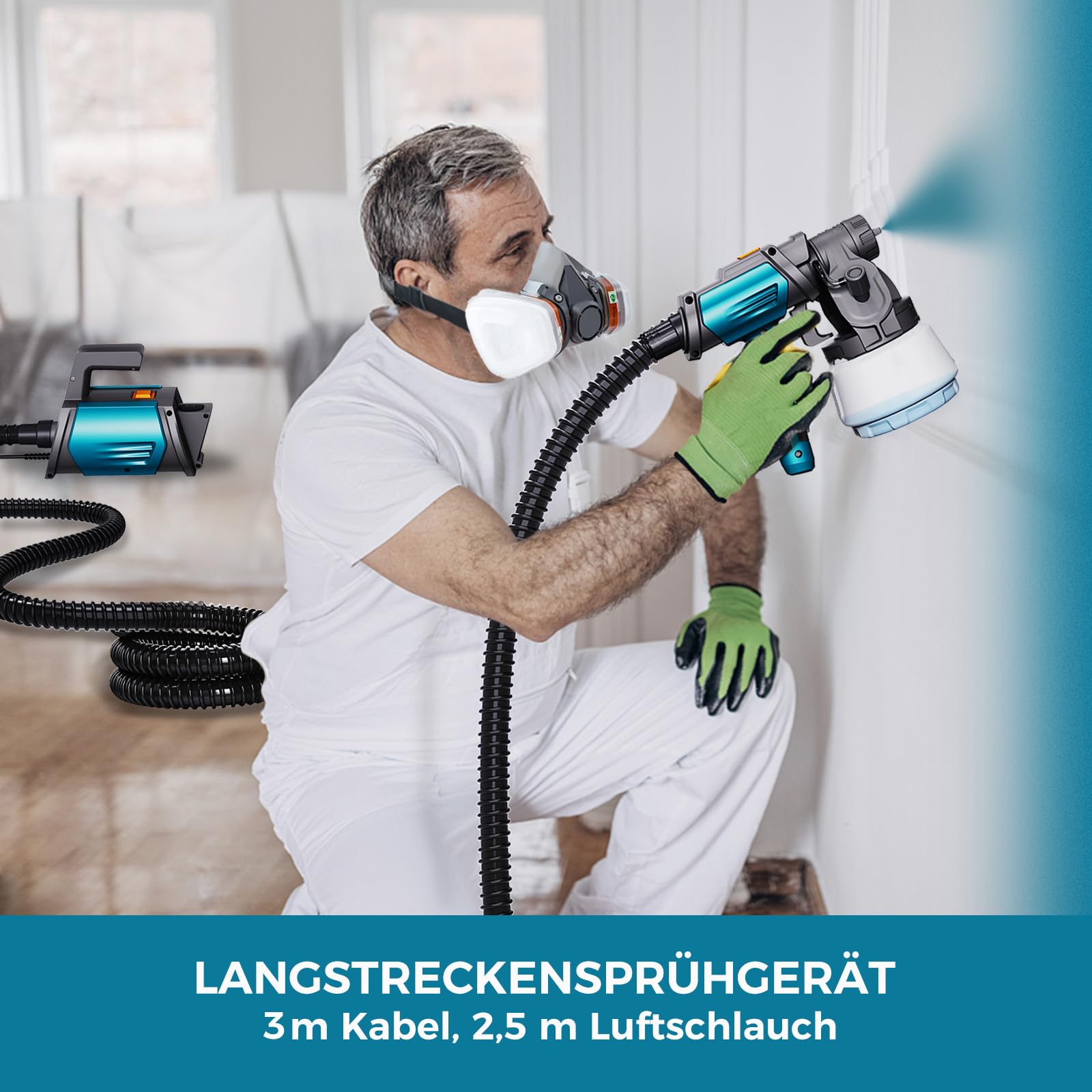 Tilswall Farbsprühsystem Shark 800 HVLP Elektro-Farbsprühgerät mit 1300ml Behälter, 120 DIN-s Lackierpistole Elektrisch mit 4 Düsen und 3 Sprühmodi für Innen- und Außenwandfarben (Blau)