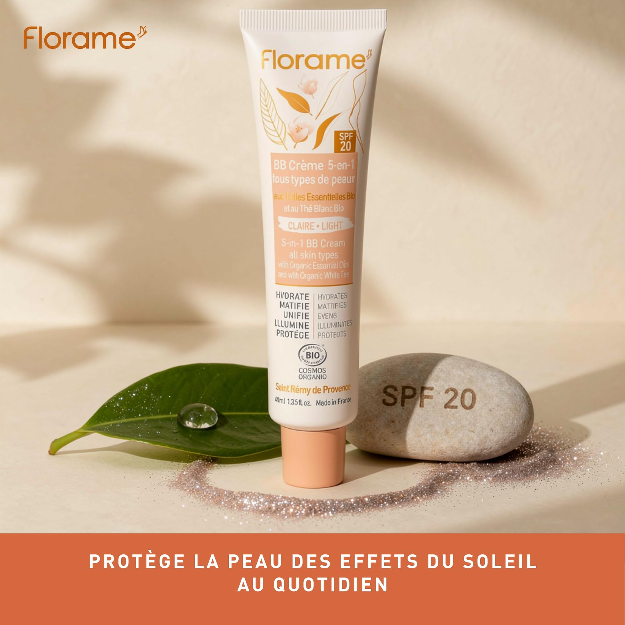 Florame BB Crème 5-en-1 SPF 20 – Teint Parfait Naturel – Hydrate, Unifie & Protège – 40 ml – Fabriquée en France - BB crème Claire