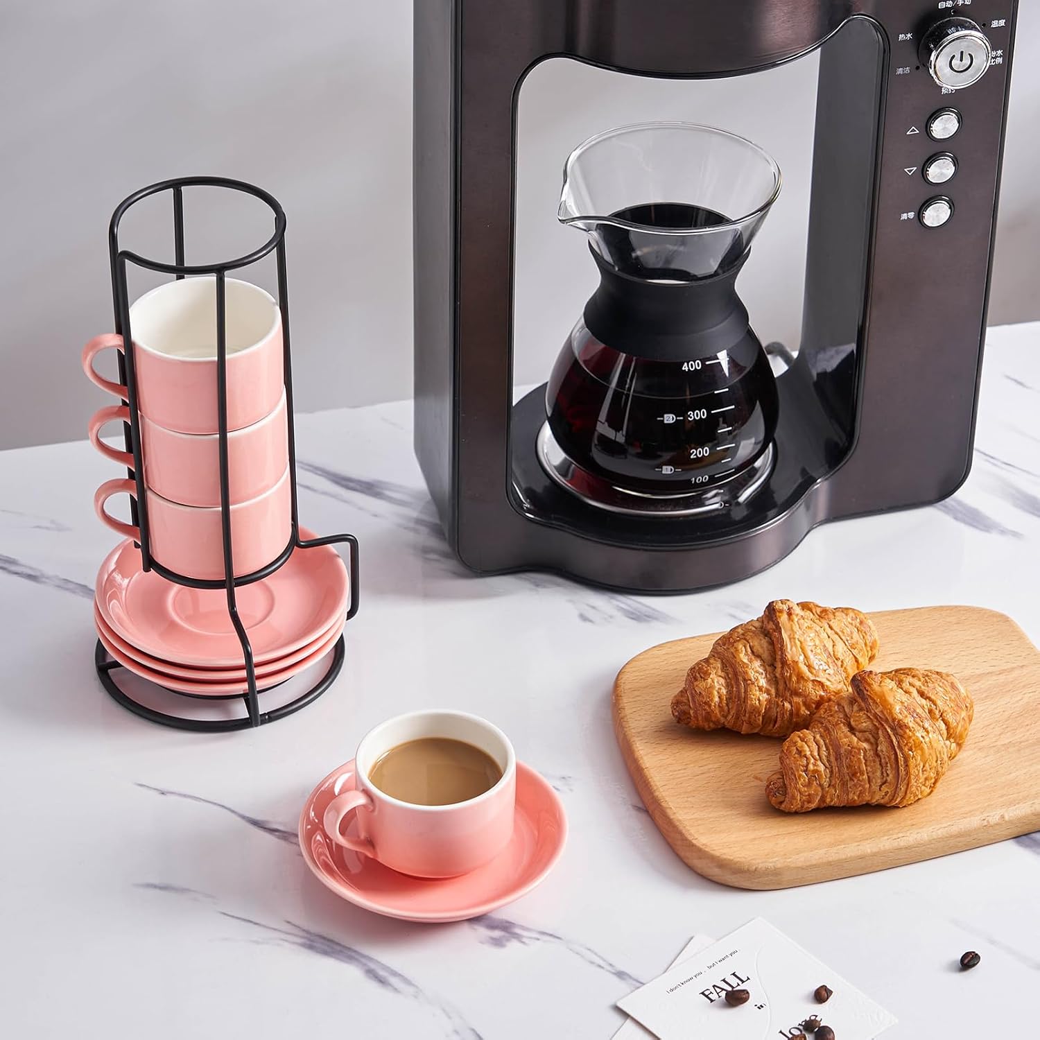 YOLIFE 2.5oz Espresso Cups Set of 4, Porcelain Stackable Espresso Cups, Expresso Shots Cup Set with Saucers and Metal Stand-Pink