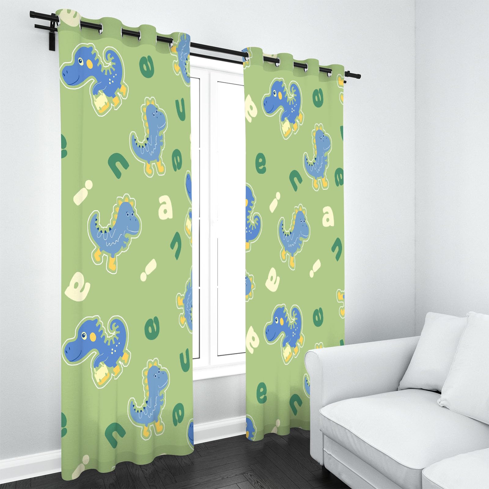 Lot de 2 Rideau Occultant 75x166 cm Dinosaure Mignon Rideaux d'enfant Isolants Thermiques avec Oeillets Dessin Animé Style Draperies Salon Isolant Phonique pour Chambre