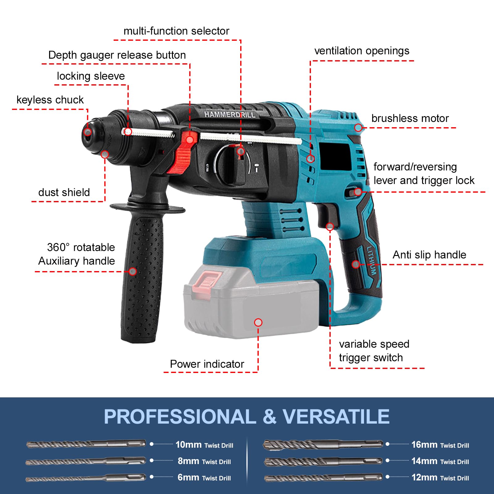 Martello perforatore professionale a batteria Mak-ita 18 V, 7.0 Joule, 4500 giri/min, 3 modalità: foratura, trapano a martello, scalpello, motore brushless, martello con set di 6 scalpelli (senza