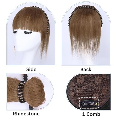 Miniatura 29 de G&T - Flequillo con clip para el cabello humano, flequillo delgado con fleco de diamantes de imitación, extensiones de cabello para mujer, flequillo