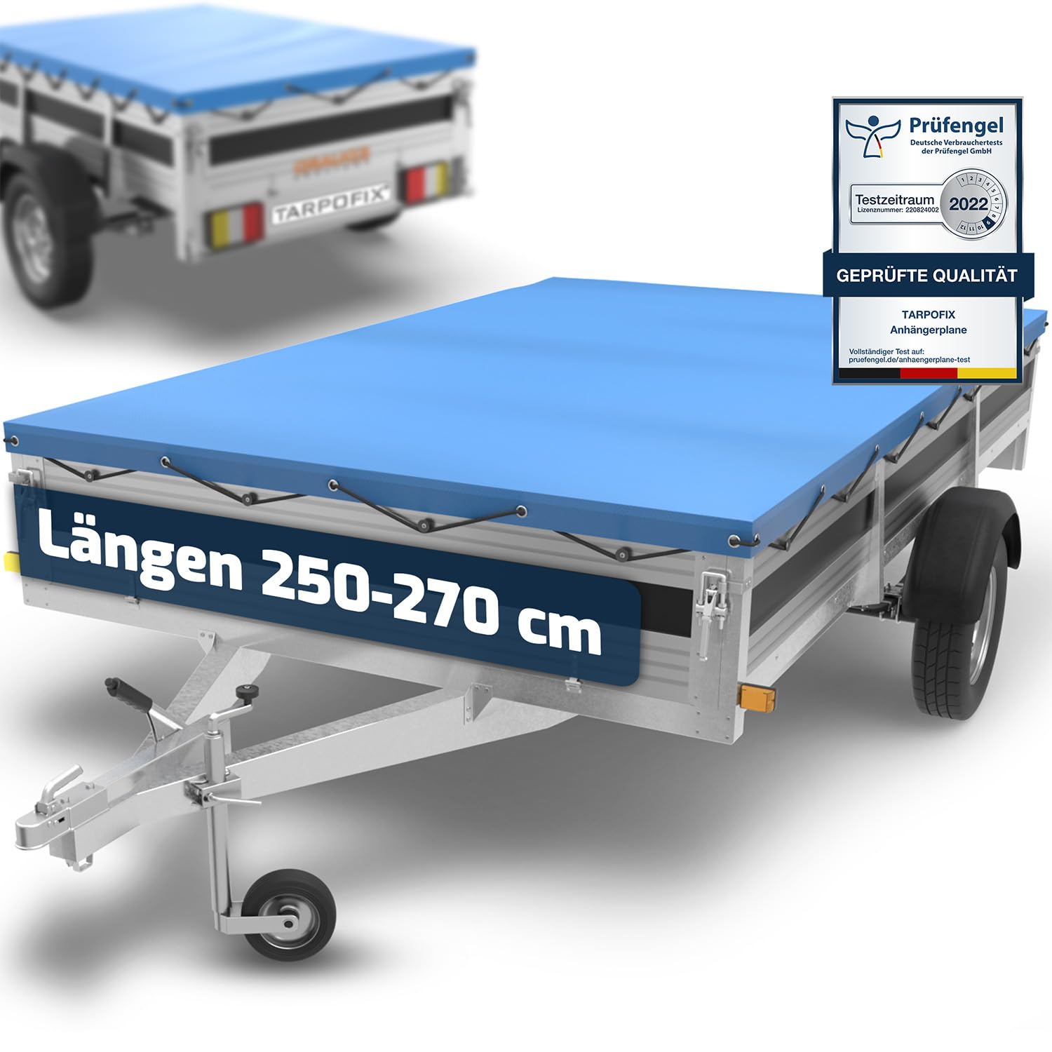 Tarpofix® Eduard 2615 Anhänger Flachplane 266 x 160 cm mit Planenseil | PVC Flachplane | verstärkte Plane für PKW Anhänger | Anhänger Zubehör Anhängerplane | Blau