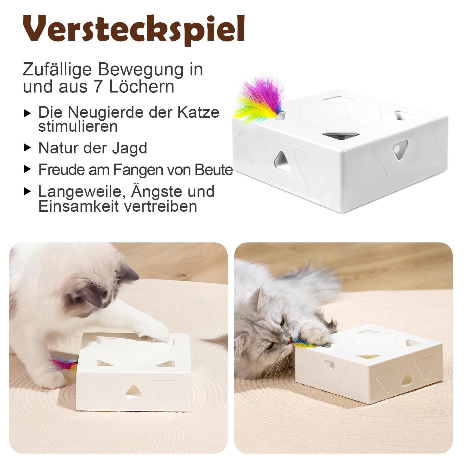 Migipaws Katzenspielzeug, interaktives elektrisches 7-Loch-Mäuse MigiBox, Intelligentes Federspielzeug,Pappspielzeug für gelangweilte Katzen,wiederaufladbar,2St Federn Zubehör
