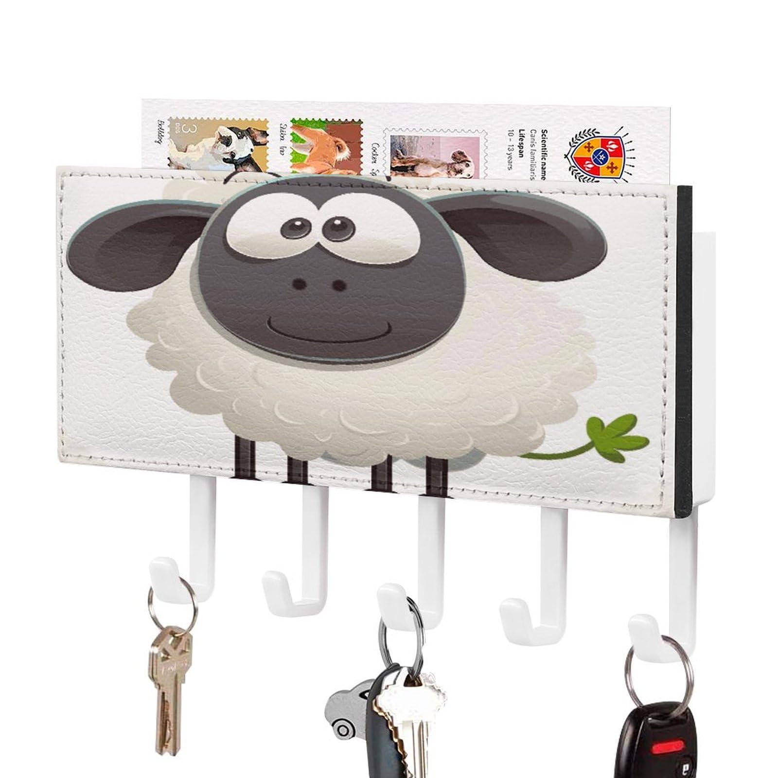 FekiLoot Sheep Key Holder for Wall Decorative Mail Organizer with 5 Key Hook Self Adhesive Key Rack with Tray Coat Rack Wall Mount Key Hanger Decor for Entryway Door