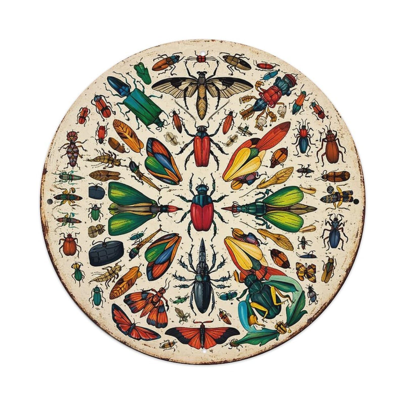 Colorful Insect Arrangement Circular Pattern Retro Metal Sign Round Tin Sign, Vintage Decor Art Poster for Bar, Home, Man Cave, Kitchen, Laundry Room Gift 8x8Inch